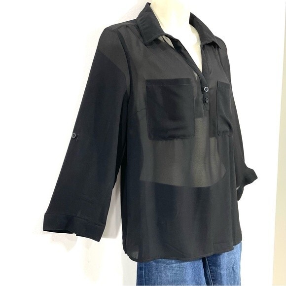 New Sheer Black Split Neck Breast Pocket Blouse - Picture 2 of 10